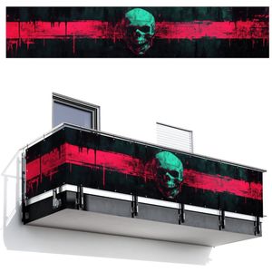 Balkonscherm 500x95 cm - Balkonposter Schedel - Cyberpunk - Neon Rood - Balkon scherm decoratie - Balkonschermen - Balkondoek zonnescherm