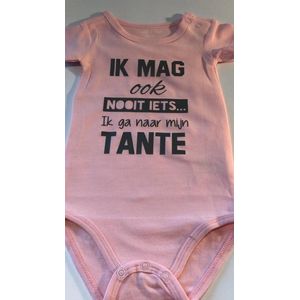 Baby Rompertje licht rose meisje met tekst | Ik mag ook nooit iets ik ga naar mijn tante  | korte mouw | roze  | maat 50/56