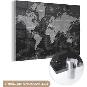 MuchoWow® Glasschilderij 120x80 cm - Schilderij acrylglas - Abstracte wereldkaart met donkere schaduwen - zwart wit - Foto op glas - Schilderijen