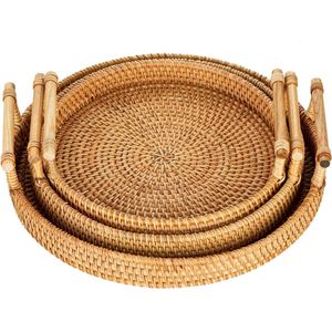 Rotan dienblad met handgrepen set van 3 handgeweven wikkeldienblad rotan-dienblad rustiek decoratief dienblad voor ontbijt, dranken, snacks, brood voor de salontafel bar dinerfeestjes