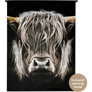 Wandkleed - Wanddoek - Schotse hooglander - Goud - Hoorns - Zwart wit - Koe - Dieren - 150x200 cm - Wandtapijt