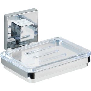 Wand Seifenablage Quadro, Seifenschale für Bad und Küche, Wandhalterung ohne Bohren, rostfreier, glänzender Edelstahl mit transparenter Kunststoffschale, 12 x 6,5 x 12 cm
