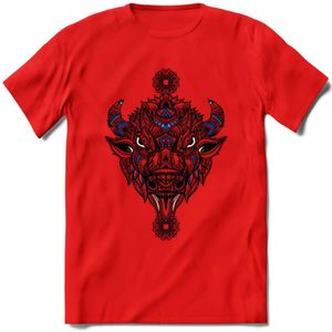Bizon - Dieren Mandala T-Shirt | Donkerblauw | Grappig Verjaardag Zentangle Dierenkop Cadeau Shirt | Dames - Heren - Unisex | Wildlife Tshirt Kleding Kado | - Rood - L
