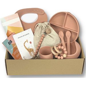 Kids Cultures - Giftbox L - Baby Geschenkset, Kraampakket, Babyshower, Kraammand - Kraamcadeau Jongen & Meisje - Siliconen Kinderservies, Slab, Bijtring en Wenskaarten - Oud Roze