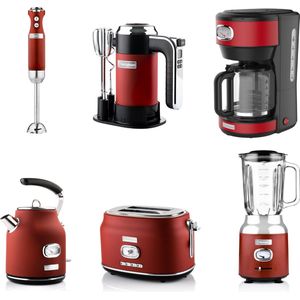 Westinghouse Retro 6-delige Set – Handmixer + Staafmixer + Blender 1,5L + Waterkoker 1,7L + Broodrooster 2 Sneden + Filter Koffiezetapparaat – Rood
