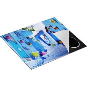 Chefcare Inductie Beschermer Blauwe Huizen met Bloempotten in Chefchaouen, Marokko - 60x50 cm - Afdekplaat Inductie - Kookplaat Beschermer - Inductie Mat