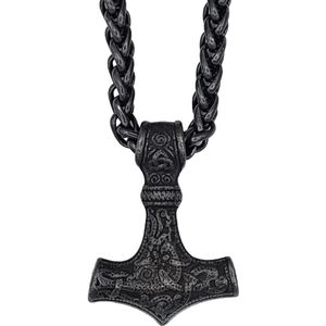 Tesoro Mio Michel – Viking Ketting – Thor’s Hamer Mjolnir – Edelstaal in Kleur Antiek Zilver - Dikke Ketting Vossenstaart Schakel 6 mm - L 70 cm - Hanger 4.3 x 3.2 cm