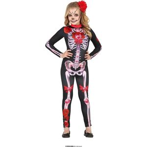 Guirca - Spaans & Mexicaans Kostuum - Vol Van Diamanten Skelet - Meisje - Rood, Zwart - 7 - 9 jaar - Halloween - Verkleedkleding