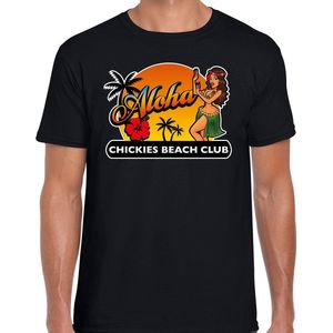 Hawaii feest t-shirt / shirt Aloha chickies beach club voor heren - zwart - Hawaiiaanse party outfit / kleding/ verkleedkleding/ carnaval shirt L