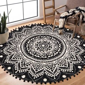 Boho Rond Zwart Tapijt 120 cm Mandala Slaapkamer Zacht Groot Tapijt met Pom Pom Franjes Antislip Wasbaar Accent Gooi Tapijt voor Slaapkamer Bank Kinderkamer