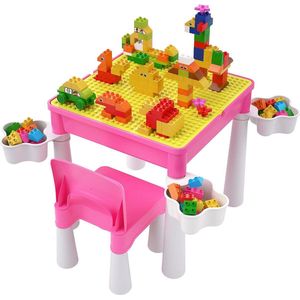 Peutertafel en Stoelset Plastic Activiteitentafel voor Kinderen met Stoel en 128-delig Groot Creatief Bakstenen Speelgoed voor Meisjes vanaf 2 Jaar Roze