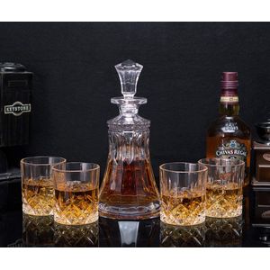 Cadeauset KANARS Whisky Glazen en Karaf Set, 550 ml Kristallen Whiskykaraf met 4x300 ml Glas, Loodvrije kristallen Glazen, Set van 5 Stuks