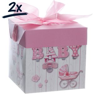 Set van 2 Cadeaudoosjes - Bewaardoosje voor Babyshower - Met Lint en Strik - 10x10x10 cm
