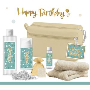 Geschenkset “Happy Birthday” - 7 producten - 600 gram | Giftset Toilet tas voor haar - Luxe Wellness Set Vrouw - Giftset Verjaardag - Cadeautje Vrouw - Gift Speciaal voor jou - Verjaardagscadeautje - Vriendin - Moeder - Gastendoekjes - Turquoise
