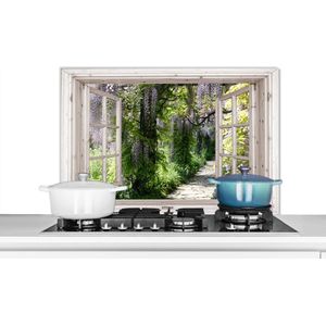 Spatscherm keuken 80x55 cm - Kookplaat achterwand Blauwe regen - Bloemen - Doorkijk - Boom - Lente - Muurbeschermer - Spatwand fornuis - Hoogwaardig aluminium