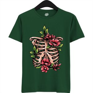 Blooming Bones Ribcage - Halloween Ribbenkast Dames / Heren Unisex T-shirt - Grappig Kostuum Shirt Idee Volwassenen - T-Shirt - Unisex - Bottle Groen - Maat XXL