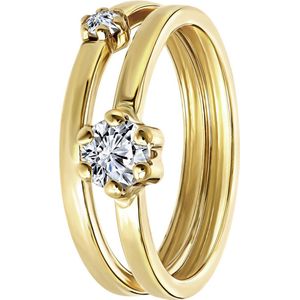 Lucardi Dames Ring 2-1 met Zirkonia - Ring - Cadeau - 14 Karaat Goud - Geelgoud