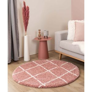 Rond hoogpolig vloerkleed ruiten Artisan - roze/wit 240 cm rond