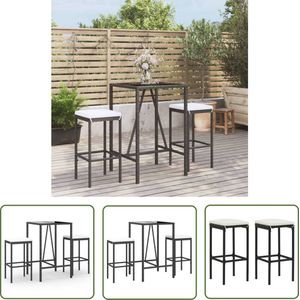 The Living Store 3-delige Tuinbarset met kussens poly rattan zwart - Tuinbarset - Bartafel - Lounge Set - Buitendecoratie - Tuinset