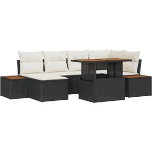 vidaXL - 7-delige - eet - set - voor - in - de - tuin - met - kussens - Zwart - Poly - Rattan - Acacia
