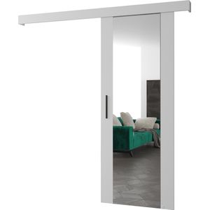 InspireMe - Schuifdeursysteem met rail en spiegel - 90x204cm - AGRA II - Wit Mat + Zwart Handvat