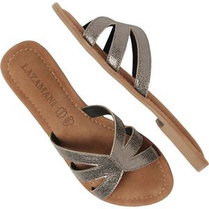 Lazamani Nina Leren Dames Slippers Pewter Maat 38