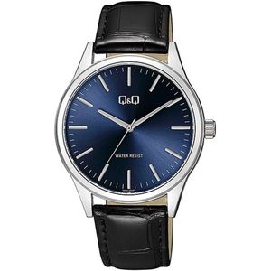 Q&Q Q59A-003PY - Horloge - Analoog - Mannen - Heren - Leren band - Rond - Metaal - Streepjes - Zwart - Zilverkleurig - Donkerblauw - 3ATM