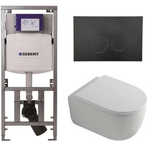 QeramiQ Dely Swirl Toiletset - 36.3x51.7cm - Geberit UP320 Burda inbouwreservoir - 35mm zitting - mat zwarte bedieningsplaat - ronde knoppen - wit mat