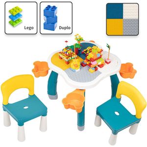 Decopatent® - Kindertafel met 2 Stoeltjes - Speeltafel met bouwplaat en vlakke kant - Geschikt voor Lego® & Duplo® Bouwstenen
