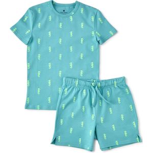 Little Label Pyjama Jongens Maat 86 - blauw, aqua - Zachte BIO Katoen - Shortama - 2-delige zomer pyama jongens - Dierenprint