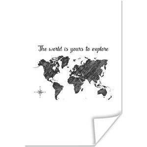 Poster Wereldkaart - Quotes - Zwart - Wit - 60x90 cm