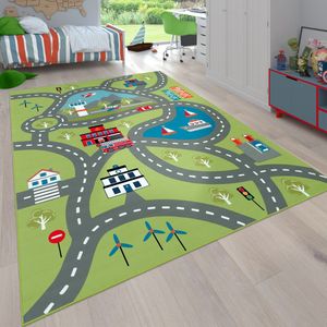 Flycarpets Binola Kindervloerkleed Groen / Grijs - 140x200 cm - Speelkleed / Speelmat Auto - Laagpolig Vloerkleed Kinderkamer