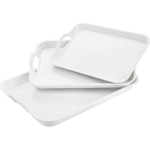 3-pack melamine dienblad met handgrepen, witte dienblad salontafel dienbladplaten voor het serveren van voedsel, buffet, feest, ontbijt, vaatwasmachinebestendig, 3 maten