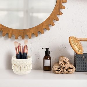 2 stuks Make-upborstelhouder Organisator Kamborstel Mini Opbergmand Manden met Boho Decor voor Pennen Pennenbakje Container 10×10cm (Wit)