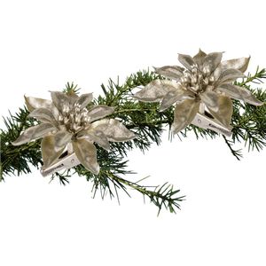 Kerstboom bloemen op clip - 2x stuks - champagne - 9 cm