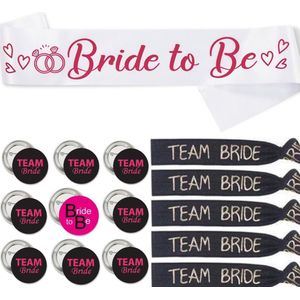 Bride to Be en Team Bride set met sjerp, armbanden en buttons roze, zwart en wit 18-delig - vrijgezellenfeest - sjerp - button - armband - bride to be - team bride - bruid - trouwen