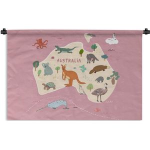 Wandkleed Wereldkaart met dieren - Roze kaart van Australië met dieren Wandkleed katoen 60x40 cm - Wandtapijt met foto