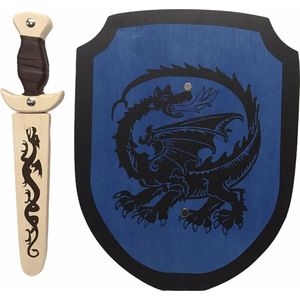 Houten Dolk met schede en ridderschild blauw zwarte Draak  schild zwaard ridder kinderzwaard
