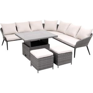 tuinmeubelset- lounge bank + 2 krukjes+ tafel met glazen dienblad- grijs- compleet tuin set