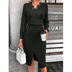 Sexy elegante corrigerende prachtige zwarte stretch trui jurk met kanten hals maat M