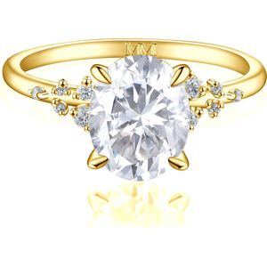 Ovaline - 14k Geelgouden Ovaal Moissanite Ring met Minimalistische Zijstenen - 2.1 karaat