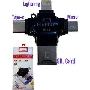 Kaartlezer- Card reader – Micro SD- kaartlezer- Type-C en Lightning connector. TF flash-geheugenkaartlezer voor iPhone – android USB 2.0 kleur zwart.