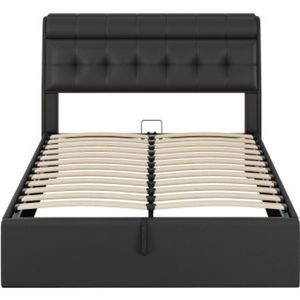 Gotagee Gestoffeerd bed, 140x190, hydraulisch bed, verborgen hoofdeinde opbergruimte, bedlade opbergruimte, PU, met lattenbodem en met hoofdeinde, zonder matras, zwart