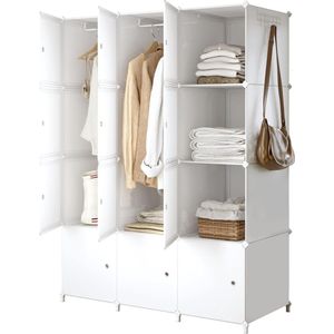 Draagbare garderobekast voor hangkasten, Garderobekast met deuren, Draagbaar reksysteem, Opbergrek voor kleding schoenen speelgoed boeken voor slaapkamers, 12 kubussen, melkwit