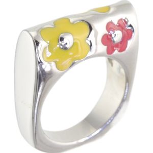 Behave - Ring - Zilverkleurige statement ring met gele en rode bloemen – Y2K & retro fashion