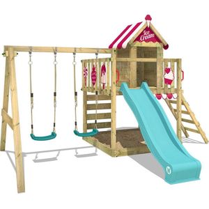 WICKEY speeltoestel klimtoestel Smart Candy met schommel, roze zeil & turquoise glijbaan, outdoor speeltoestel voor kinderen met zandbak, ladder & speelaccessoires voor de tuin