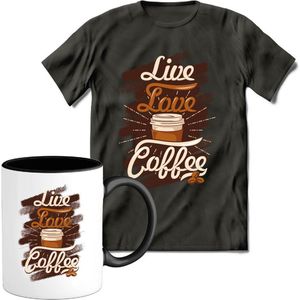 T-Shirtknaller T-Shirt met Koffiemok | Live Love Coffee - Koffie Kleding | Heren / Dames Shirt met Mok Cadeau | Kleur grijs | Maat XXL