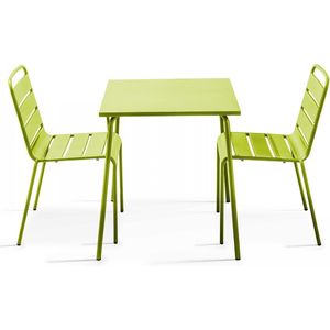 Oviala - Set van een vierkante tuin tafel en 2 groene stalen stoelen