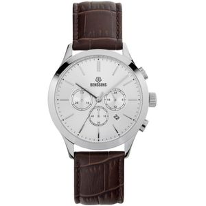 Benssens Monaco Brown - Heren Horloge – Analoog – Zakelijk - Quartz - Stainless Steel - Echt bruin Leder band – saffierglas - Zilverkleurig Met datumnotatie