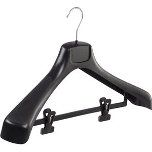 De Kledinghanger Gigant - Mantelhanger - Kostuumhanger - Jassenhanger - Volwassenen - ETR49 - 50 Stuks - Kunststof - Zwart - Gebogen Model - Schouderverbreding 7,4 cm - Anti-slip Knijpers - 49 cm - Kledinghanger - Kleerhanger - ETR-Serie